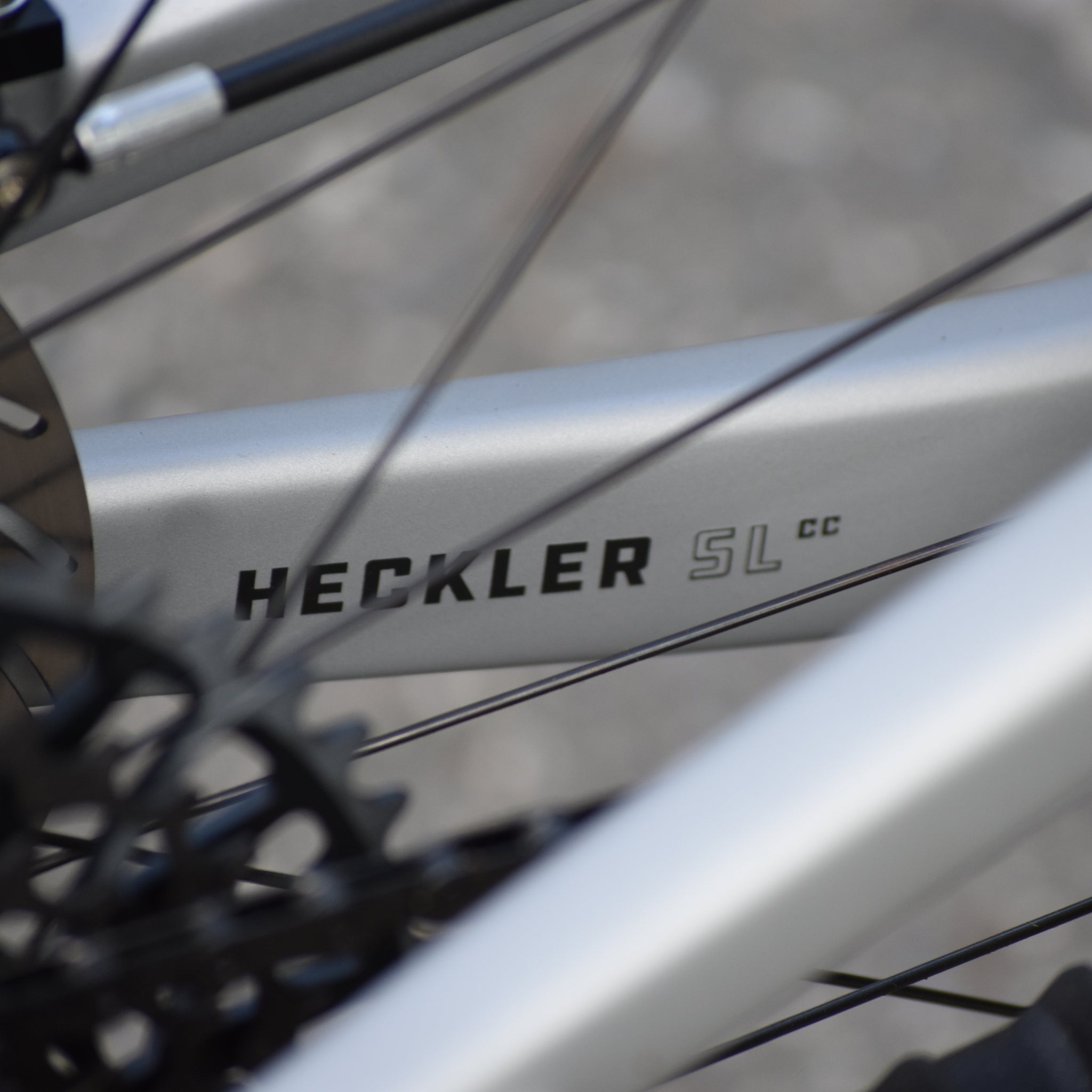Santa Cruz Heckler SL logo on inside of chainstay, matte silver frame