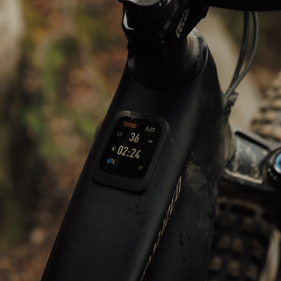 Close-up of a bicycle handlebar with a digital display in a natural setting